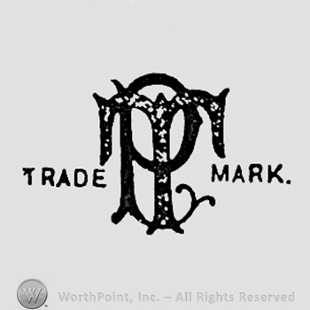 Monogram of letters P and T; trade mark written one side and another.