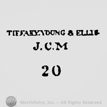 Words TIFFANY YOUNG & ELLIS and letters JCM and number 20.