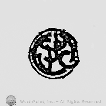 Monogram of letters inside a circle.