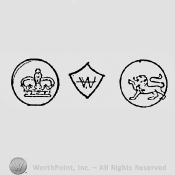 Crown inside a circle, letter W on a shield and lion inside a circle.