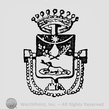 An animal and two branches on a shield; crown above.