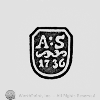 Letters AS and date 1736 inside a shield shape.