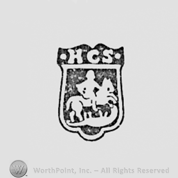 Warrior with horse inside a shield shape; initials H C S.
