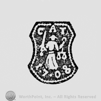 Man with sword, initials C A T and date 1708.