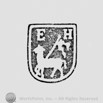 Animal and flag; initials E H.