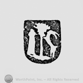 Shield shape with a tree, a man and an animal inside.