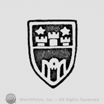 Shield shape with a castle inside and two stars.