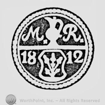 Letters M, R and kettle on the top; year 1812 and some flowers, bellow.