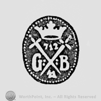 Two crosses, a crown, and letters G and B, all inside a circle.