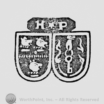 Three animal heads on a shield; hand with key on another shield and letters H and P above.