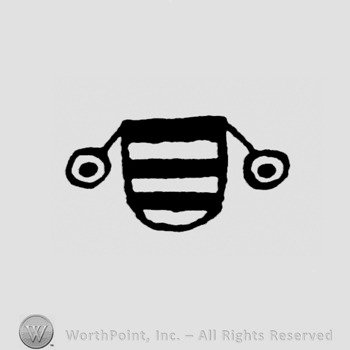 Symbol made from two circles with dot inside;a shield with stripes in the middle.