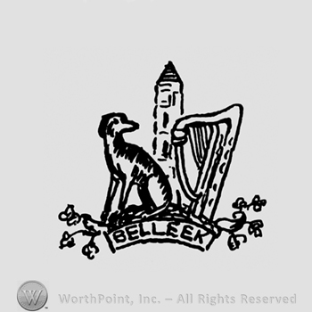 A dog,a tower,a harp and word Belleek written below.