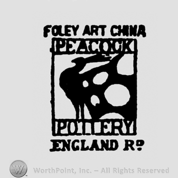 Rectangle with a peacock and Pottery inside;Foley Art China on top;word England at the bottom