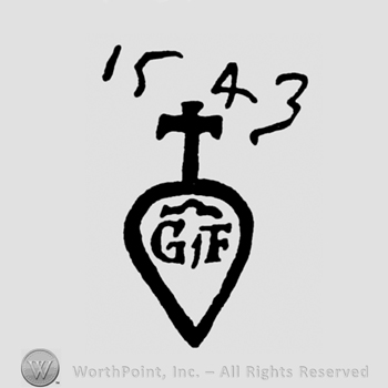 Letters GF in the middle;cross and number 1543 on top.