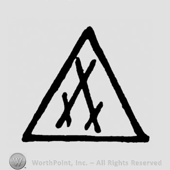 Two crossed swords inside a triangle.