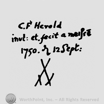 Two crossed swords and text:C F Herald invt: ct fecit a marfse 1750 r 12 sept