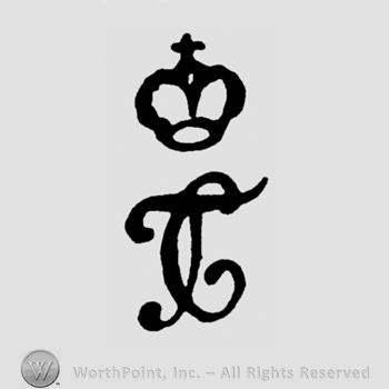 Monogram of letters TC and a crown with cross on top.