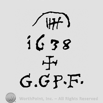 Cross in the middle;number 1638 on top;G G P F written at the bottom.
