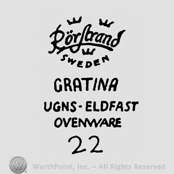 Rorstrand Sweden written on top;Gratina UGNS ELDFAST OVENWARE 22 below.