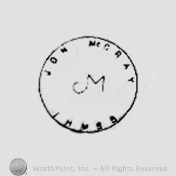 Circle with Jon Mc Cray written inside ; monogram of letters JM in the middle.