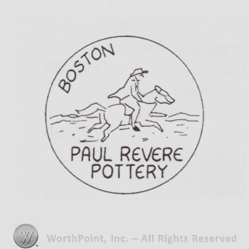 Word Boston above a rider and text Paul Revere Pottery bellow, all inside a circle.