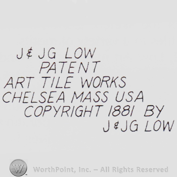 Text: J & JG Low Patent Art Tile Works Chelsea Mass USA Copyright 1881 by J & JG LOW.