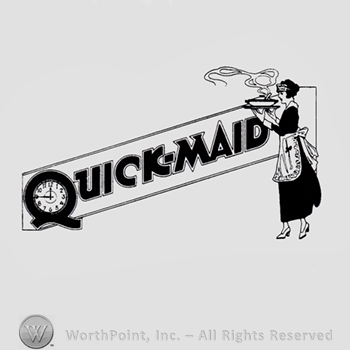 A maid serving soup; a watch inside letter Q from the word Quick-maid.