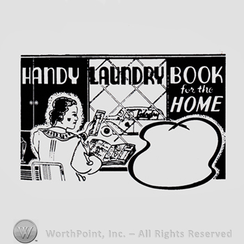 Sitting woman reading a magazine; text Handy Laundry Book For the Home written above and a car outside the window.
