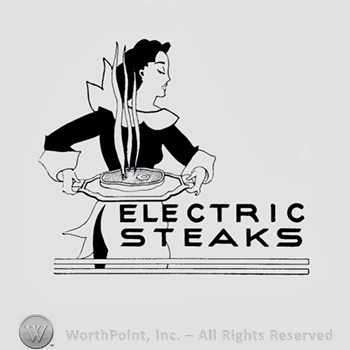Maid serving a steak; words Electric Steaks written bellow.