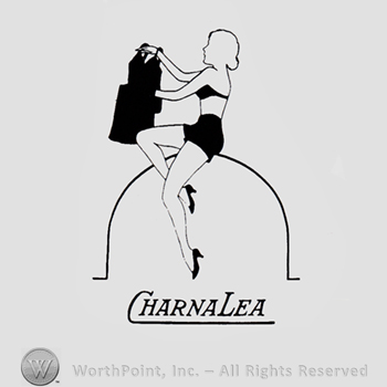 Lady in underwear and the dress in her hands; word CHARNALEA written bellow.