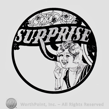 Woman pointing to the word SURPRISE written above; all thid inside a circle.