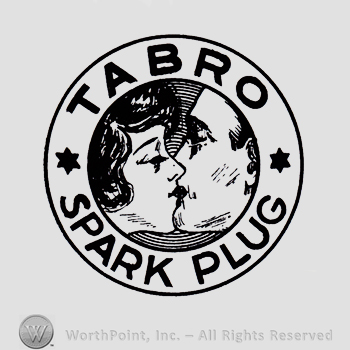 Kissing man and woman in a circle; words TABRO SPARK PLUG written on the edge.