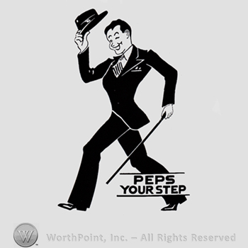 Gentleman with hat and walking stick; words PEPS YOUR STEP written bellow.