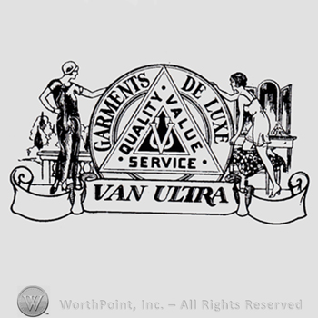 Two ladies near a circle and a triangle; text GARMENTS DE LUXE QUALITY VALUE SERVICE VAN ULTRA.