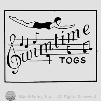 Swimmer above a stave and words SWIMTIME TOGS.