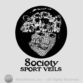 Woman's face smiling and words SOCIETY SPORT VEILS written bellow.