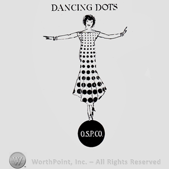 Woman in a dots dress dancing on top a circle; DANCING DOTS written above and O.S.P.Co written bellow.