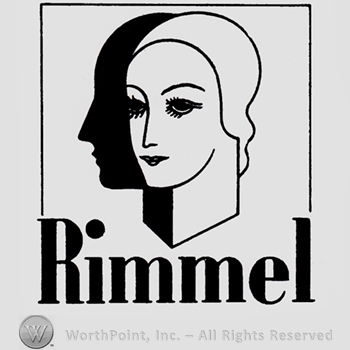 Woman's face above written word RIMMEL.