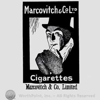 Smoking man; MARCOVITCH & CO LTD written above and CIGARETTES written bellow.