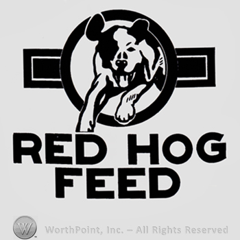 Dog inside a ciecle; text RED HOD FEED written bellow.