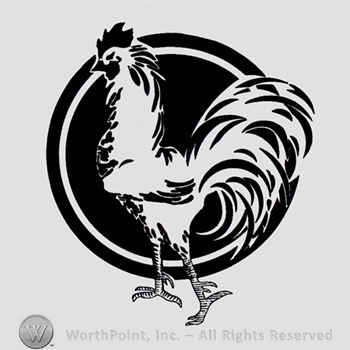 Rooster over a black circle.