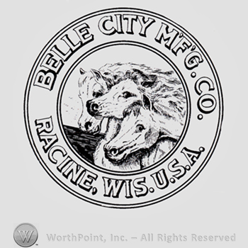 Three horses inside a circle; text: BELLE CITY MFG. CO RACINE, WIS. USA, written on the edge.