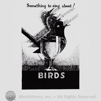 Three little birds, a glass and text Something to sing about! Written above.