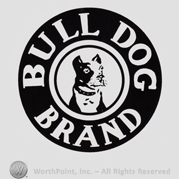 A dog inside a circle; BULL DOG BRAND written on the edge.
