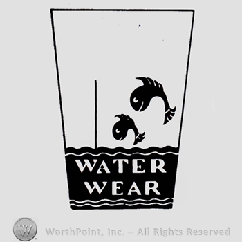 Two fish in a glass; words WATER WEAR written bellow.