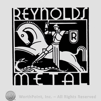 Rider with shield and spade killing a snake; words REYNOLDS METAL written above and bellow.