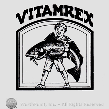 Boy carrying a fish; word VITAMREX written above.