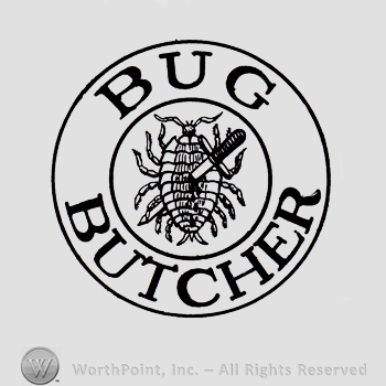 Bug inside a circle; words BUG BUTCHER written on the edge.