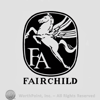 Winged horse and initials FA inside a square; word FAIRCHILD written bellow.