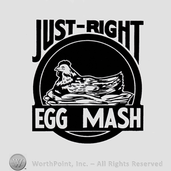 Hen inside a circle; JUST RIGHT written above and EGG MASH written bellow.